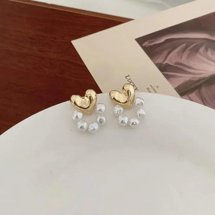 Gold Plated Heart Pearl Studs Earrings