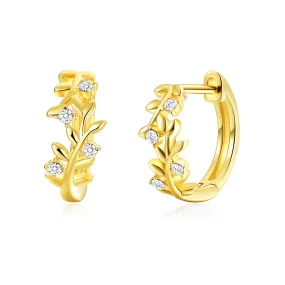 Gold Plated Leaf Hoop Earrings Created with Zircondia® Crystals