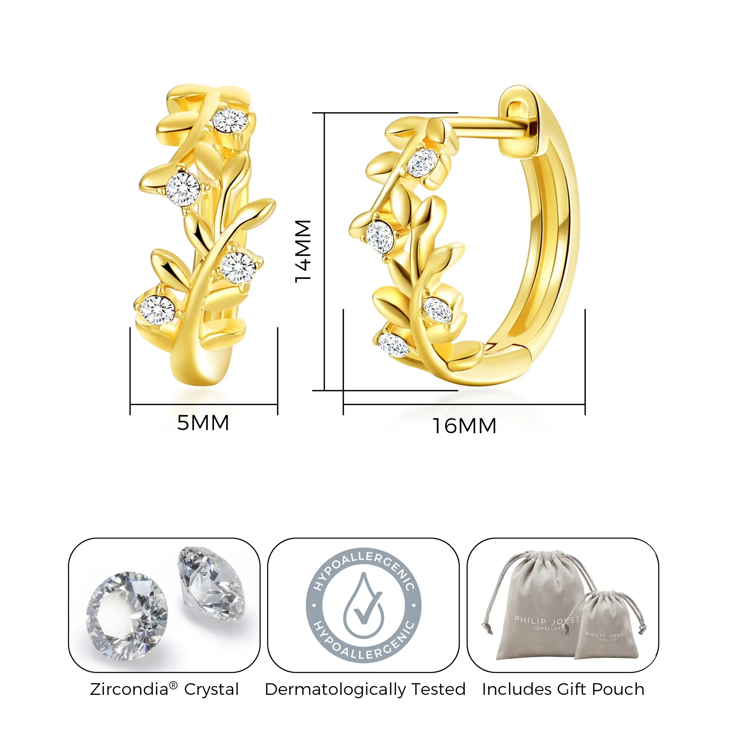 Gold Plated Leaf Hoop Earrings Created with Zircondia® Crystals