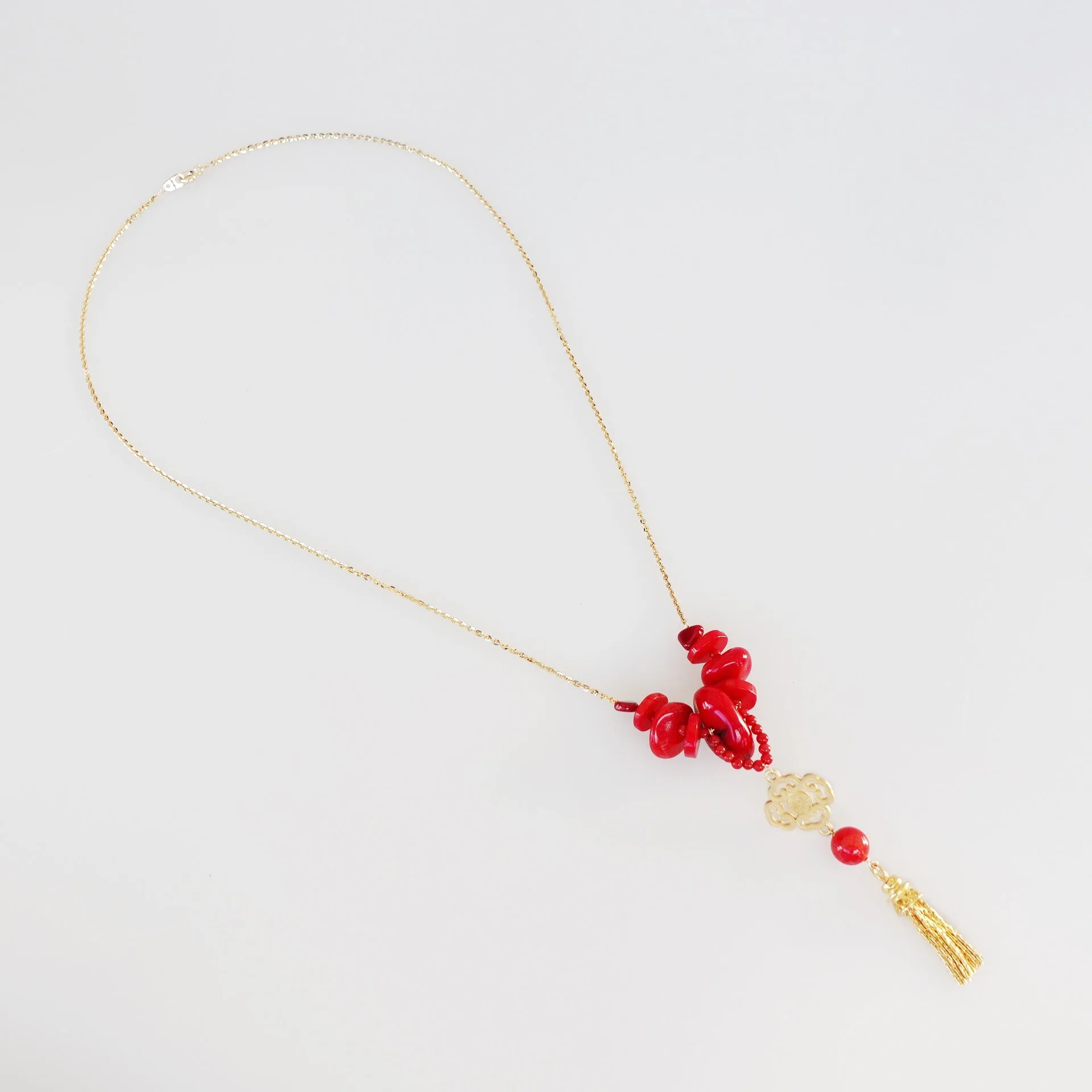 Gold Red Coral Tassel Necklace