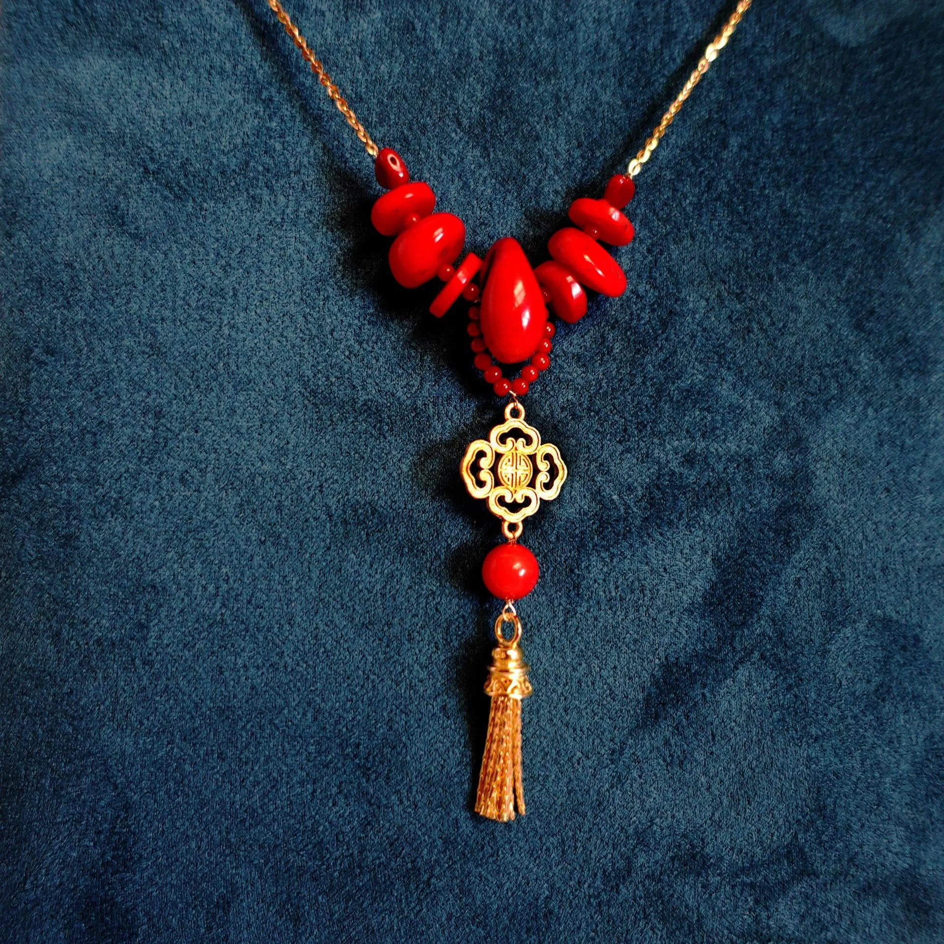 Gold Red Coral Tassel Necklace