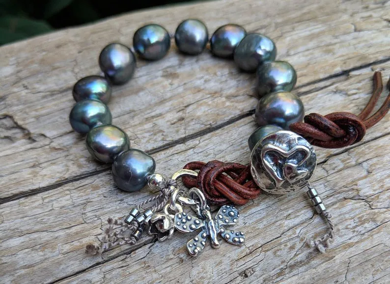 Gray Pearl Butterfly Bracelet