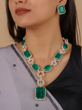 Green Color Gold Plated Faux Diamond Necklace Set - CZSET275GR