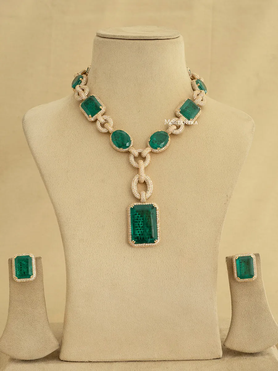 Green Color Gold Plated Faux Diamond Necklace Set - CZSET275GR