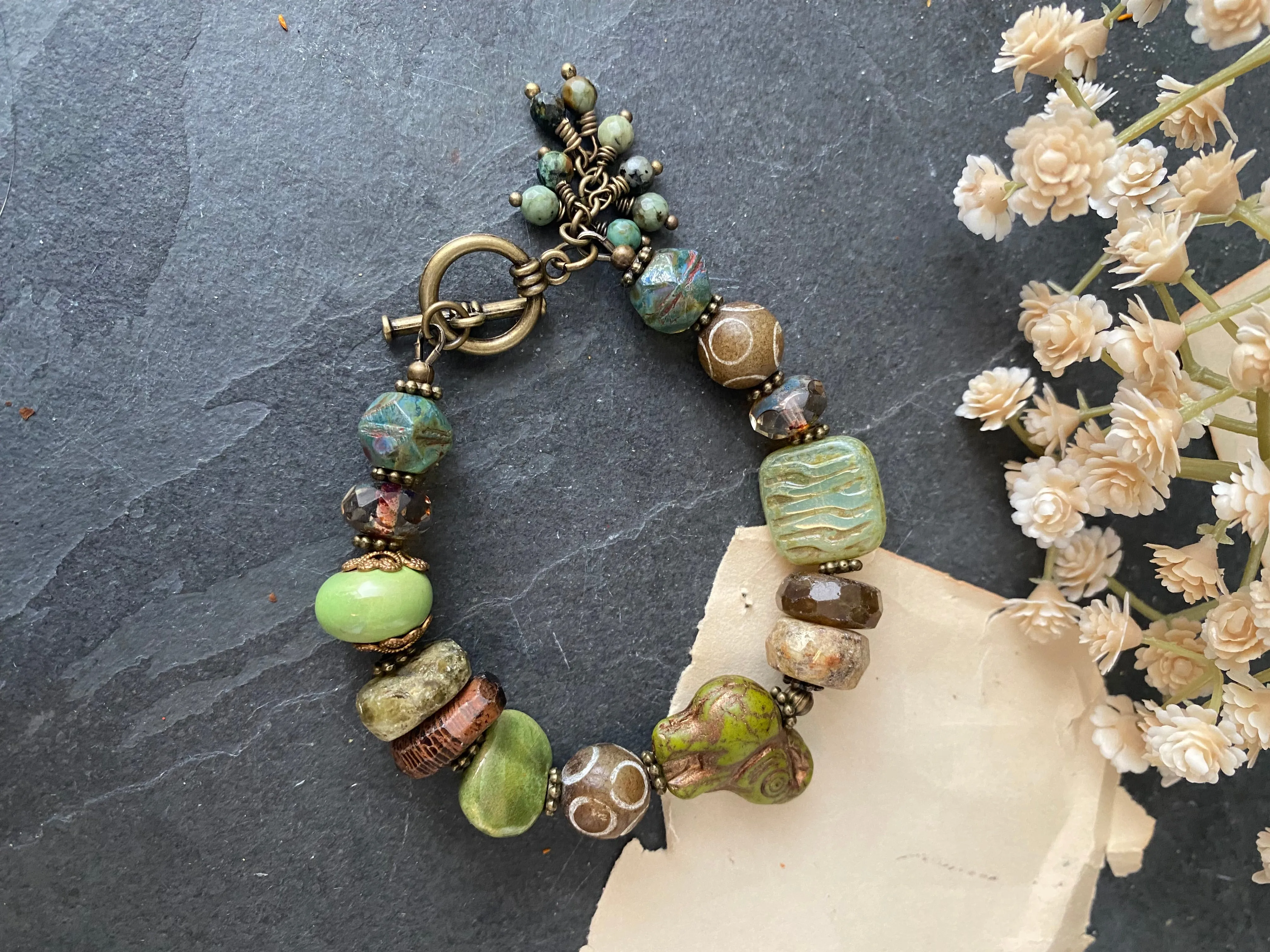 Green garnet, handamde african ceramic, dzi agate, green turquoise, czech glass, bracelet, jewelry