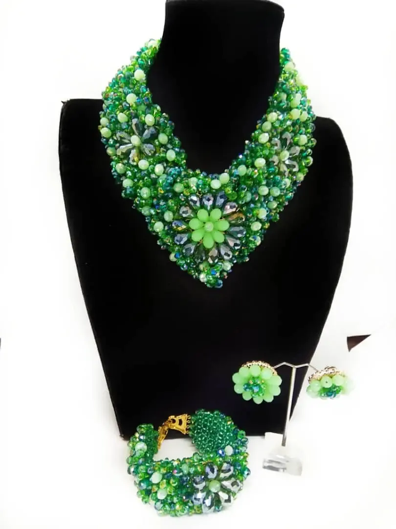 Green Nigerian Wedding African Beads Jewelry Set Crystal Beaded Necklace Party Jewelry Gifts