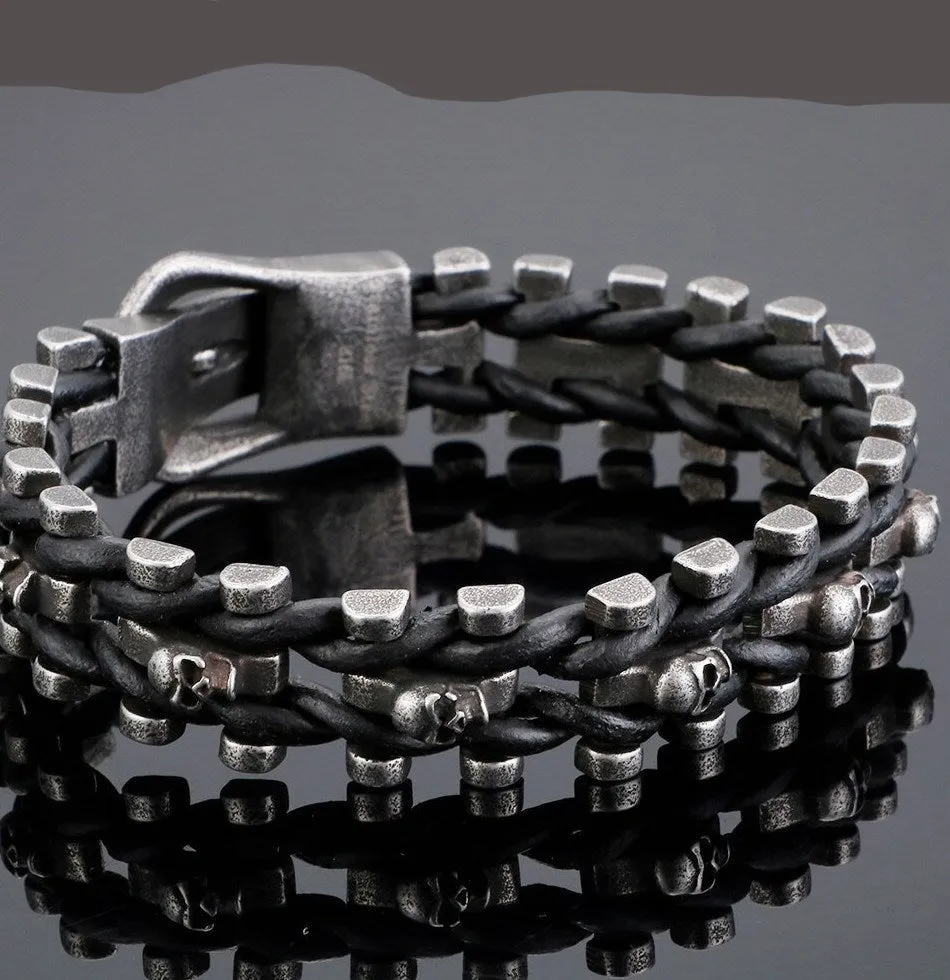 Gunmetal Stainless Steel Leather Skull Biker Chain Bracelet