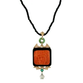 Hand-Carved Mediterranean Coral Onyx Diamond Gold Pendant