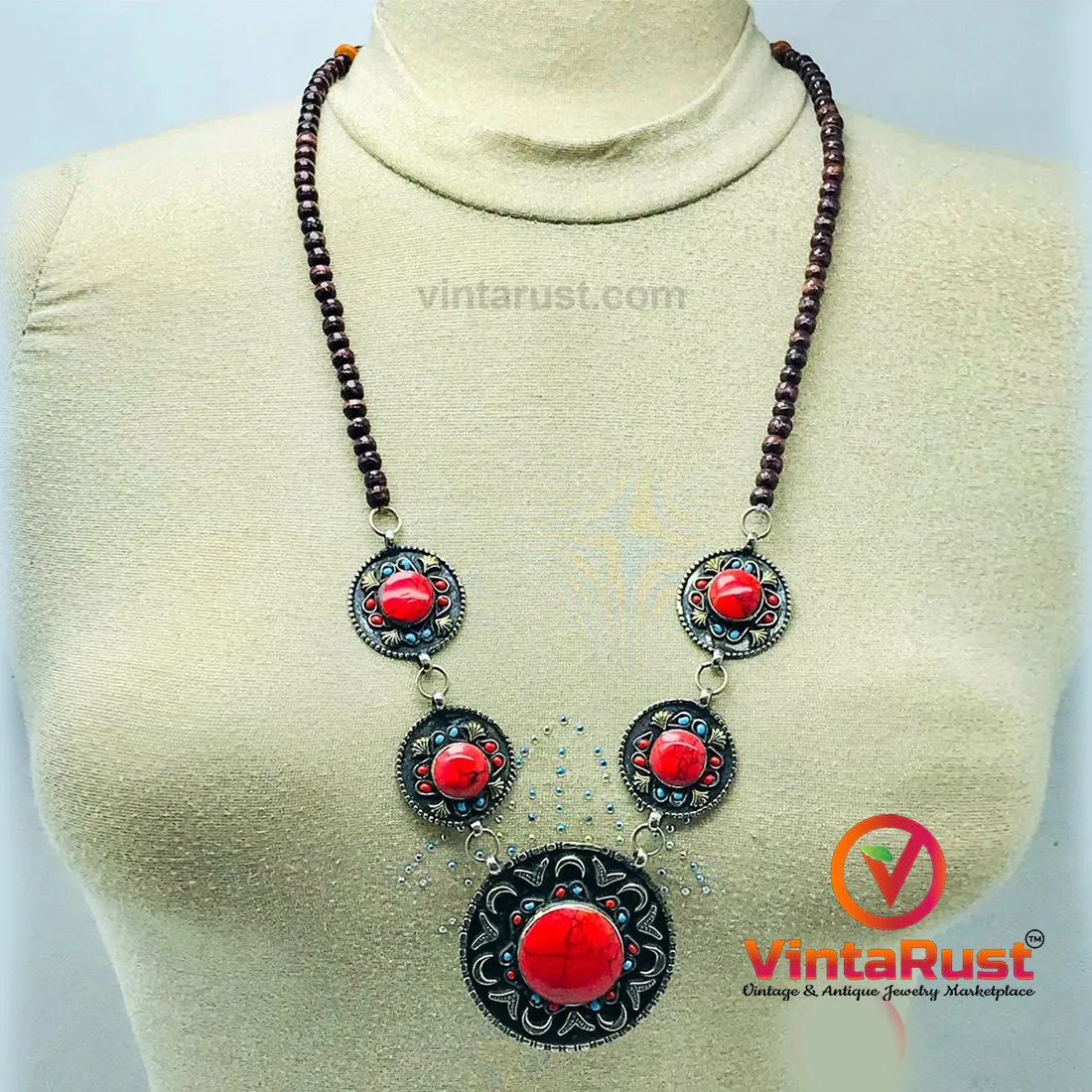 Handmade Stones Necklace With Turquoise and Coral Beads