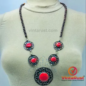 Handmade Stones Necklace With Turquoise and Coral Beads