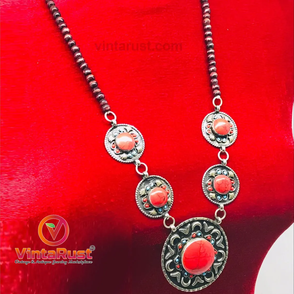 Handmade Stones Necklace With Turquoise and Coral Beads