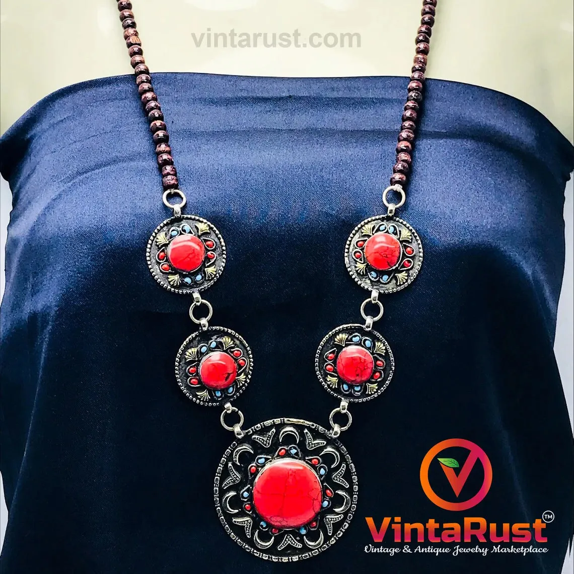 Handmade Stones Necklace With Turquoise and Coral Beads