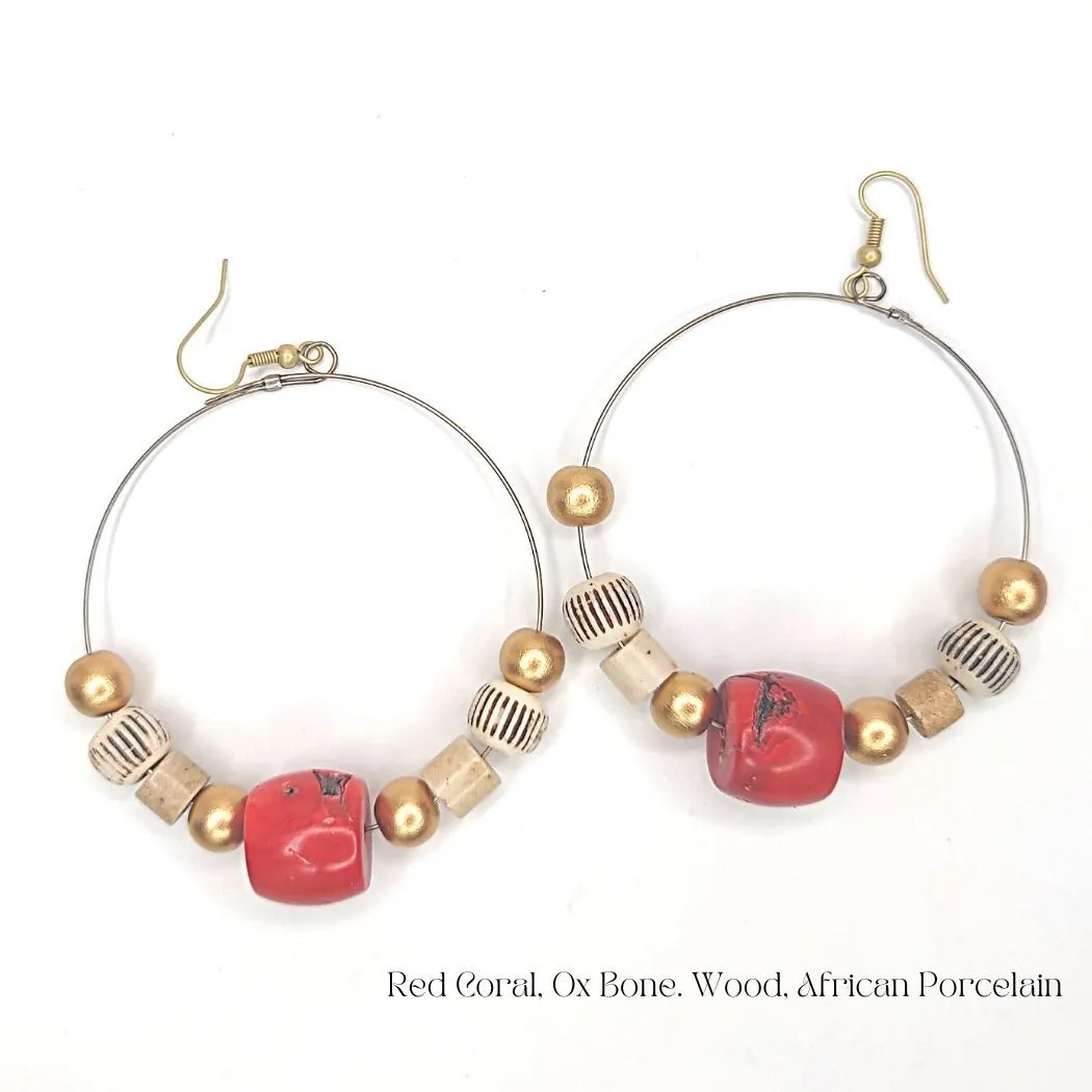 Hoop Earrings Red Coral, Ox Bone, African Porcelain