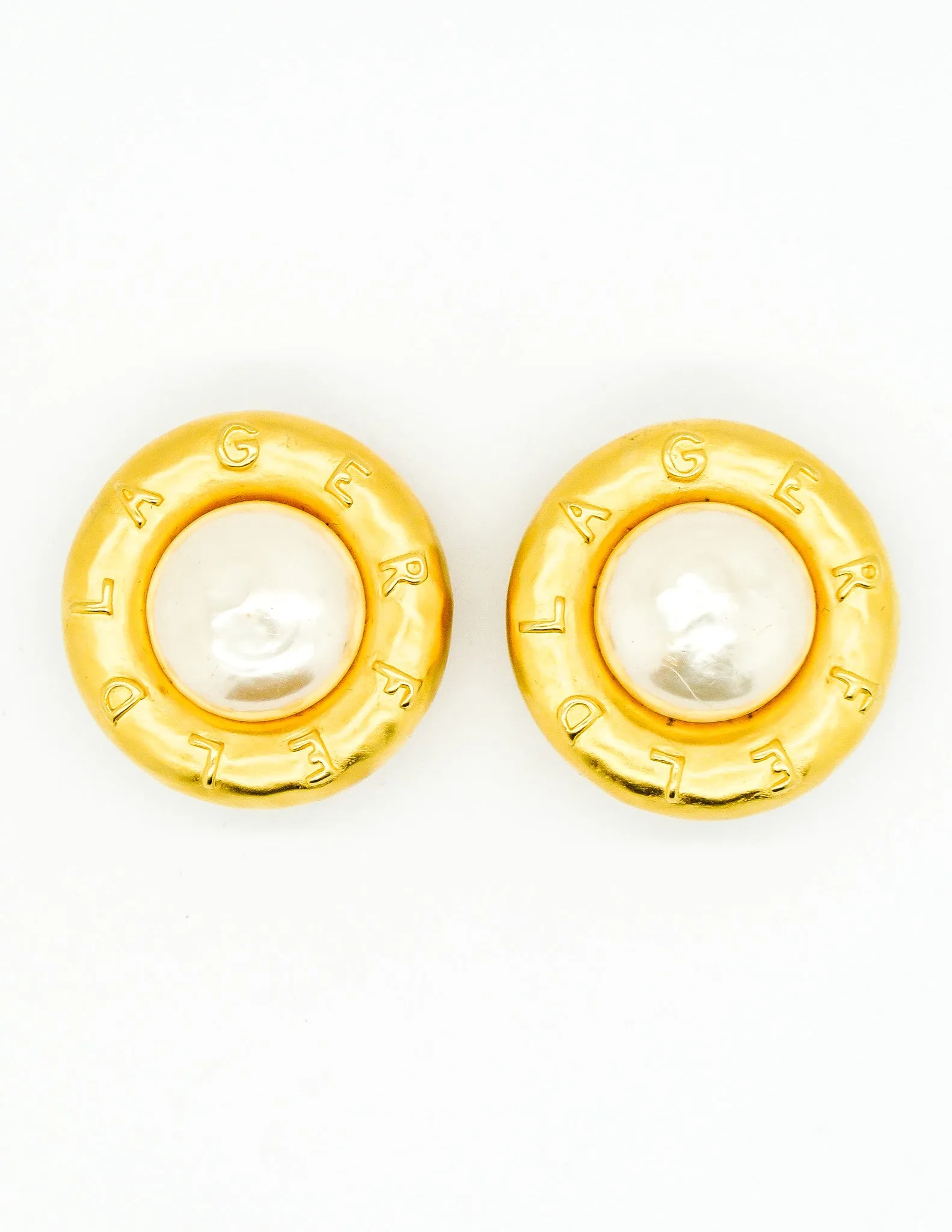 Karl Lagerfeld Vintage Brushed Gold Large Signature Pearl Earrings