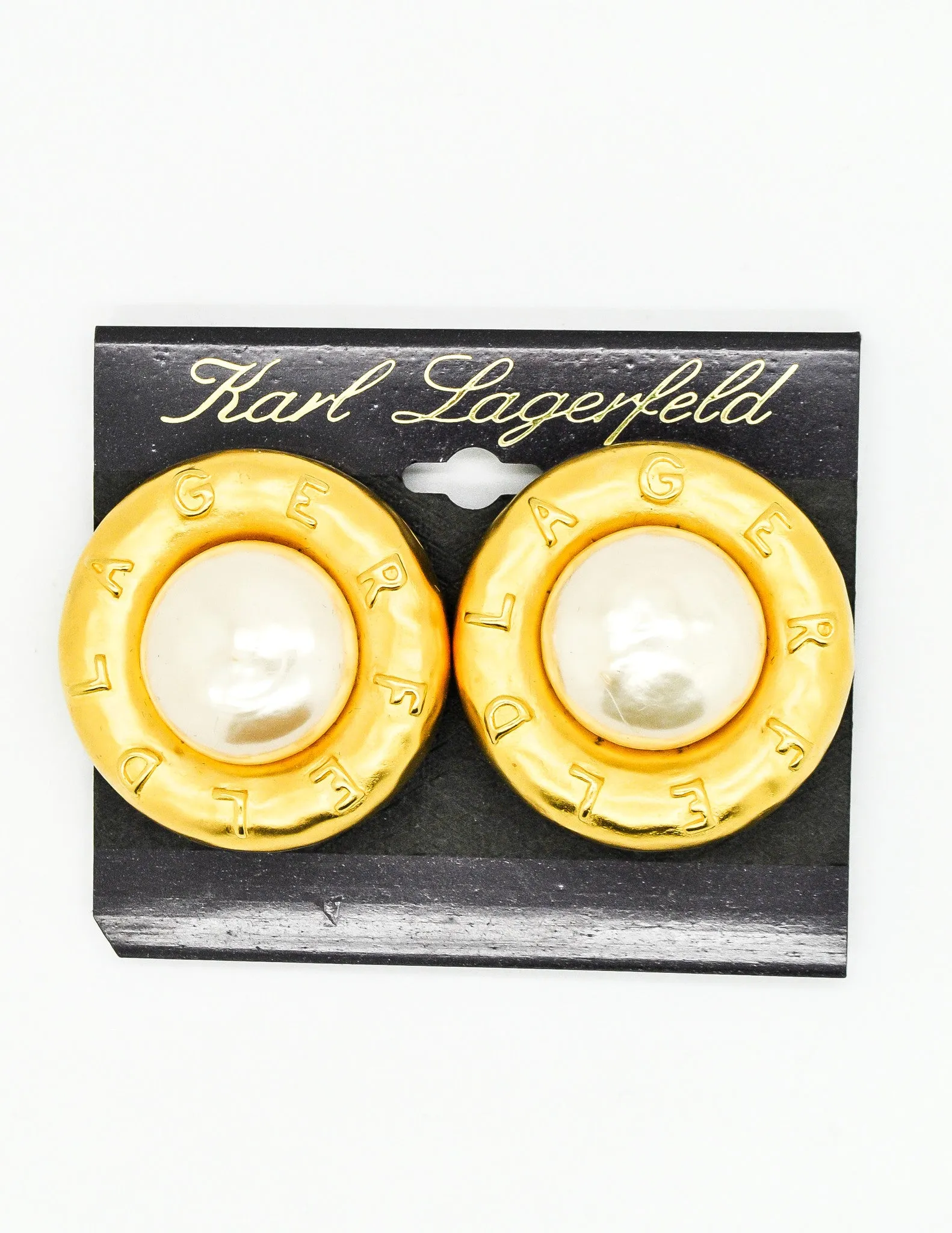 Karl Lagerfeld Vintage Brushed Gold Large Signature Pearl Earrings