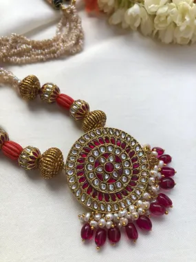 Kundan ruby pendant with antique beads, pearls & coral necklace