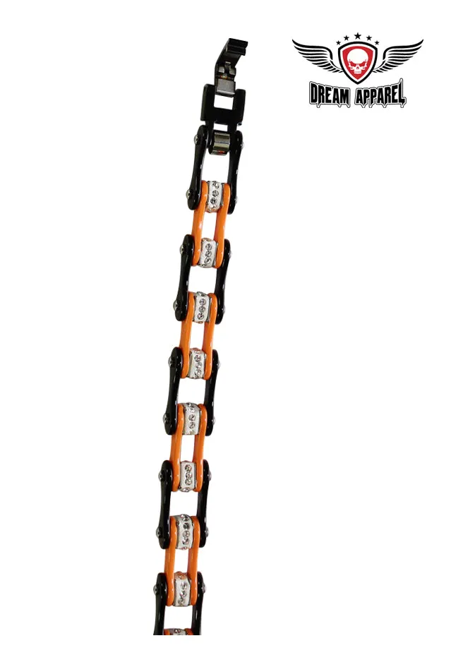 Large Black And Orange Motorcycle Chain Bracelet with Gemstones