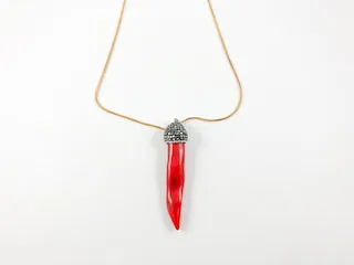 Long Shaped Coral Stone With Grey Stones and Yellow Gold Snake Necklace