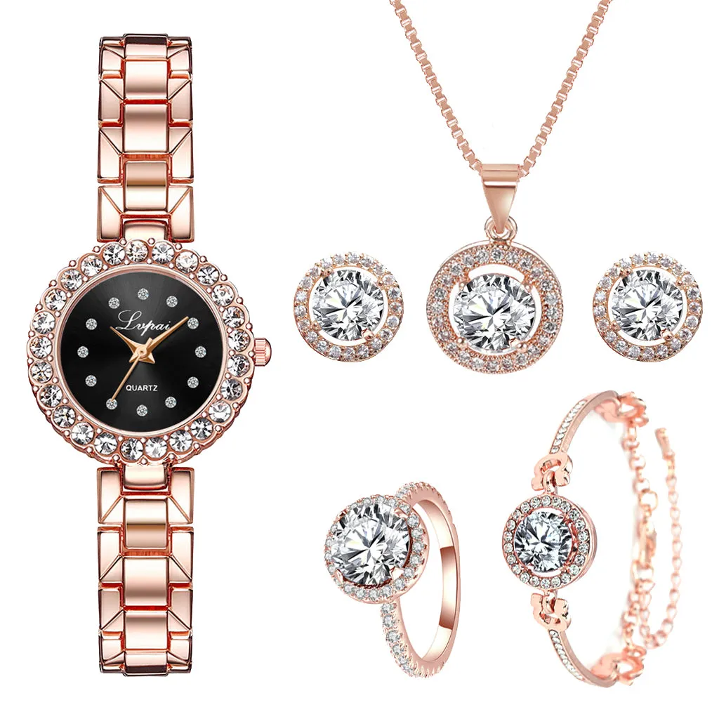 Lvpai Brand 6PCS Watch Set Women Luxury Fashion Ladies Rose Gold Quartz Wristwatches Women Famous Brand Crystal Dress Watches