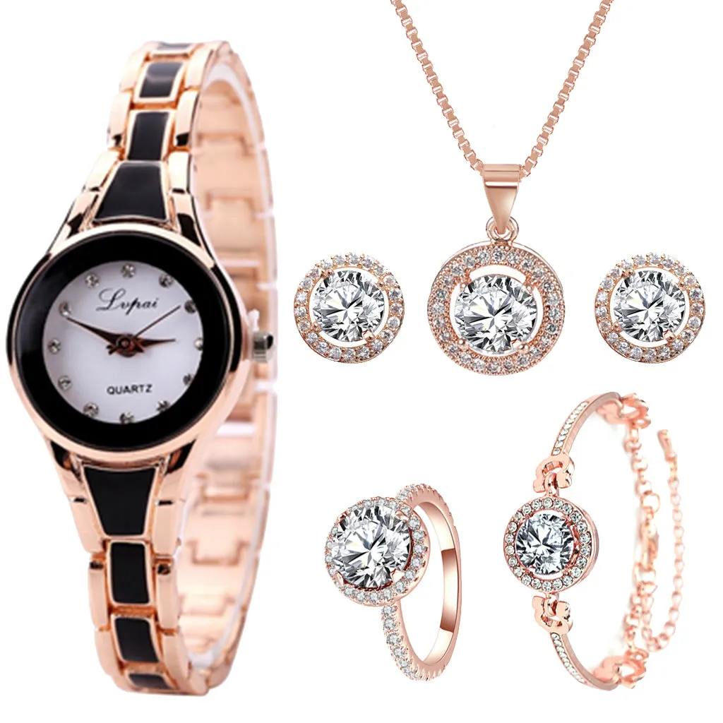 Lvpai Brand 6PCS Watch Set Women Luxury Fashion Ladies Rose Gold Quartz Wristwatches Women Famous Brand Crystal Dress Watches