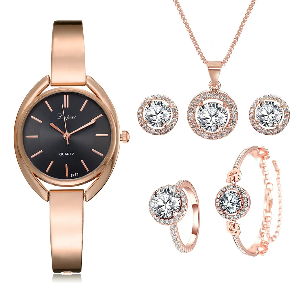 Lvpai Brand 6PCS Watch Set Women Luxury Fashion Ladies Rose Gold Quartz Wristwatches Women Famous Brand Crystal Dress Watches