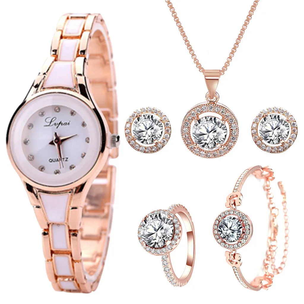 Lvpai Brand 6PCS Watch Set Women Luxury Fashion Ladies Rose Gold Quartz Wristwatches Women Famous Brand Crystal Dress Watches