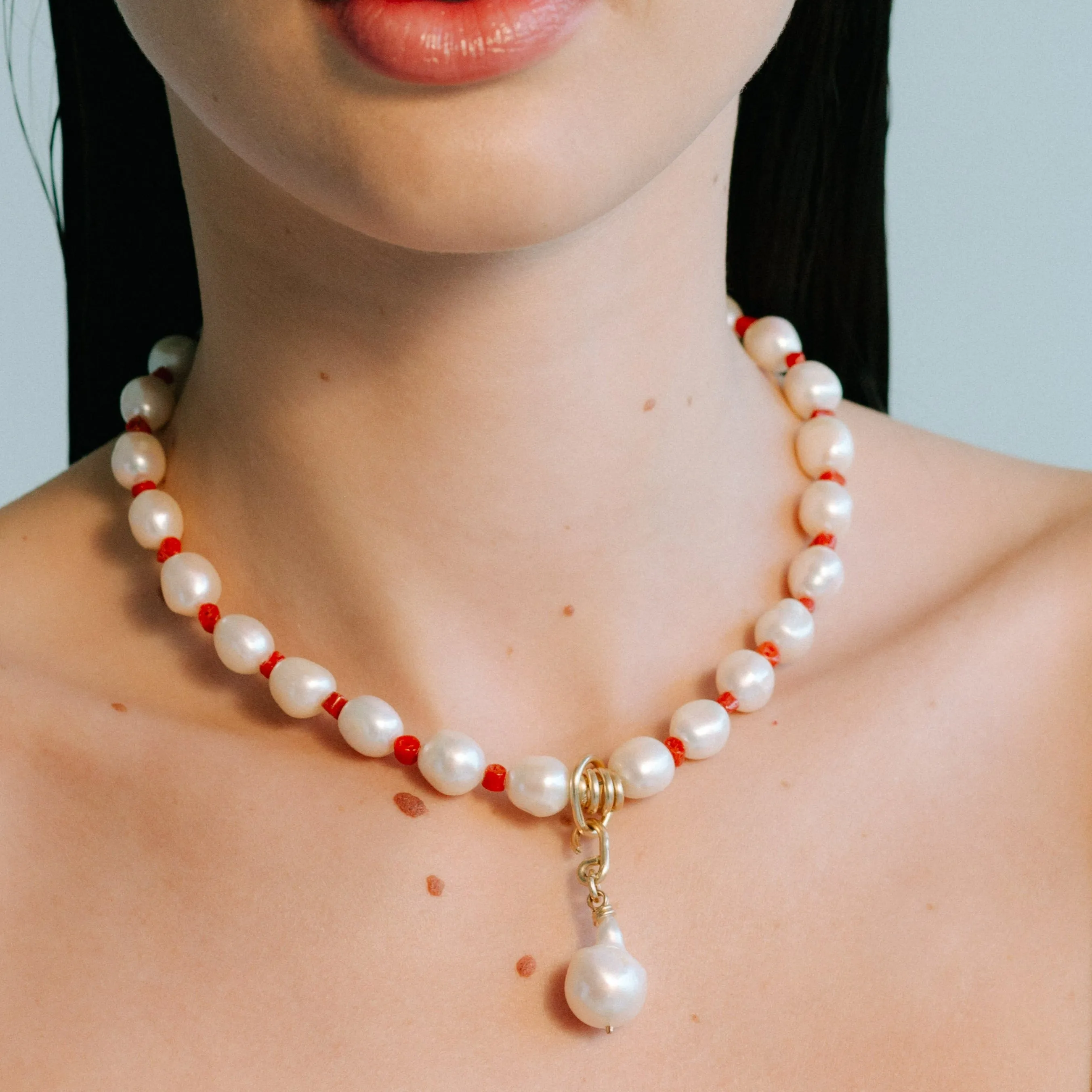 Marejada Necklace #1 - Pearl & Red Coral