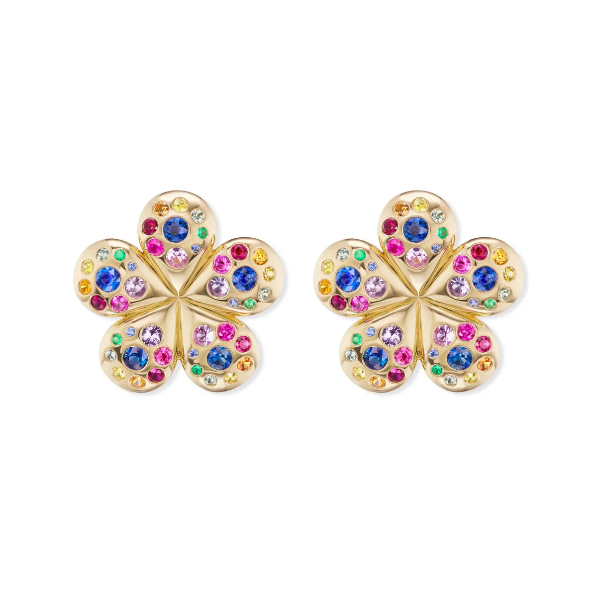 Medium Petal Flower Earrings with Rainbow Sapphires & Emeralds