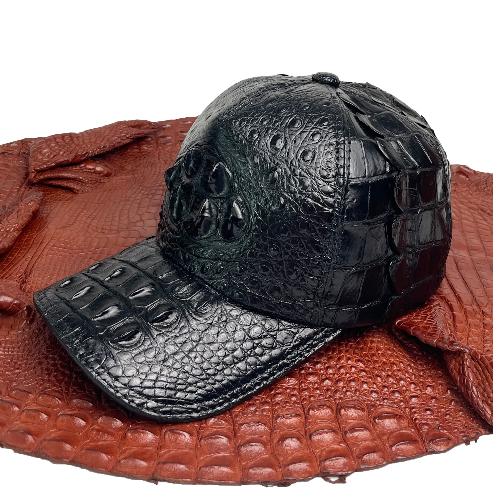 Mens Black Alligator Leather Cap - Fashionable Exotic Adjustable Outdoor Baseball Cap | HAT-BLA-11