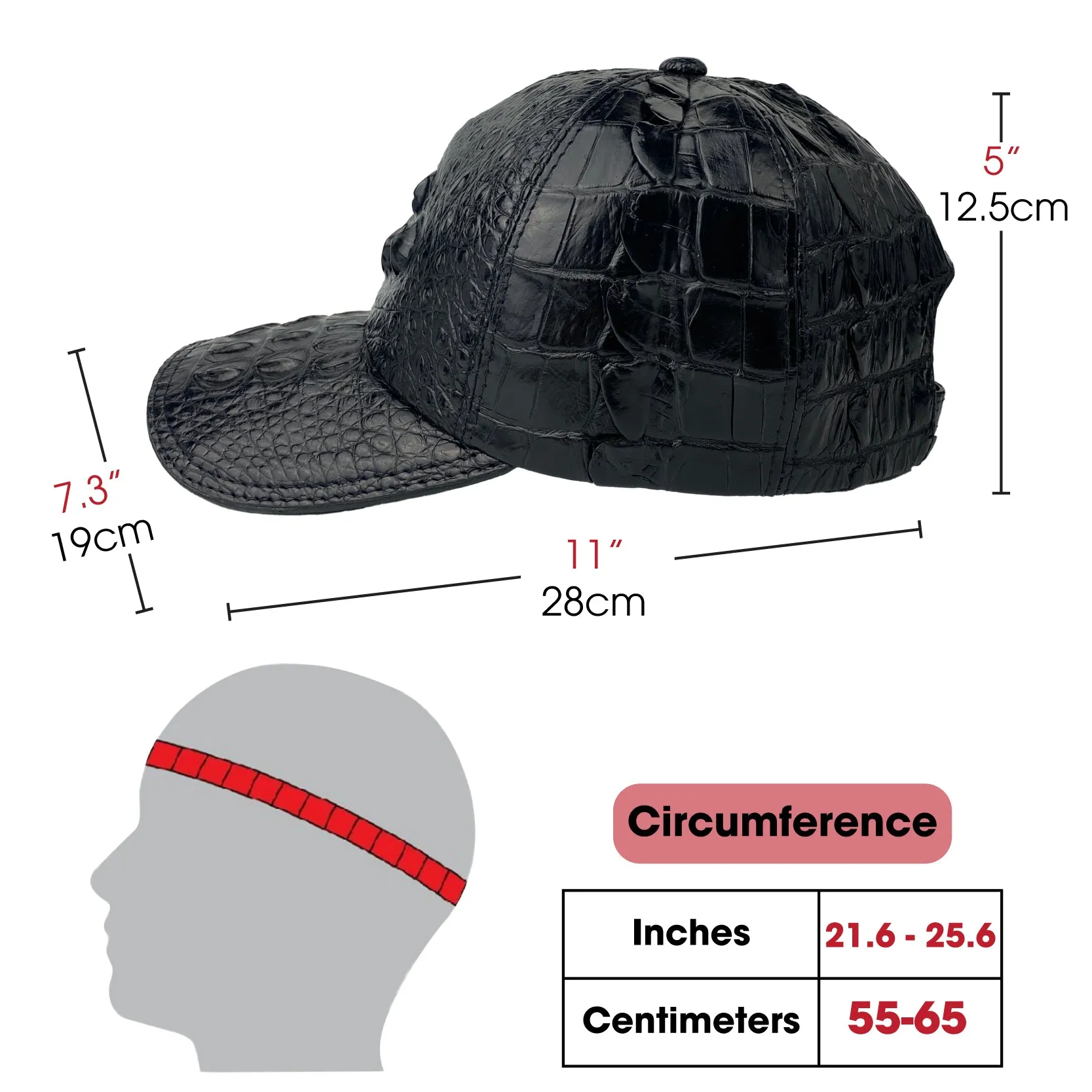 Mens Black Alligator Leather Cap - Fashionable Exotic Adjustable Outdoor Baseball Cap | HAT-BLA-11