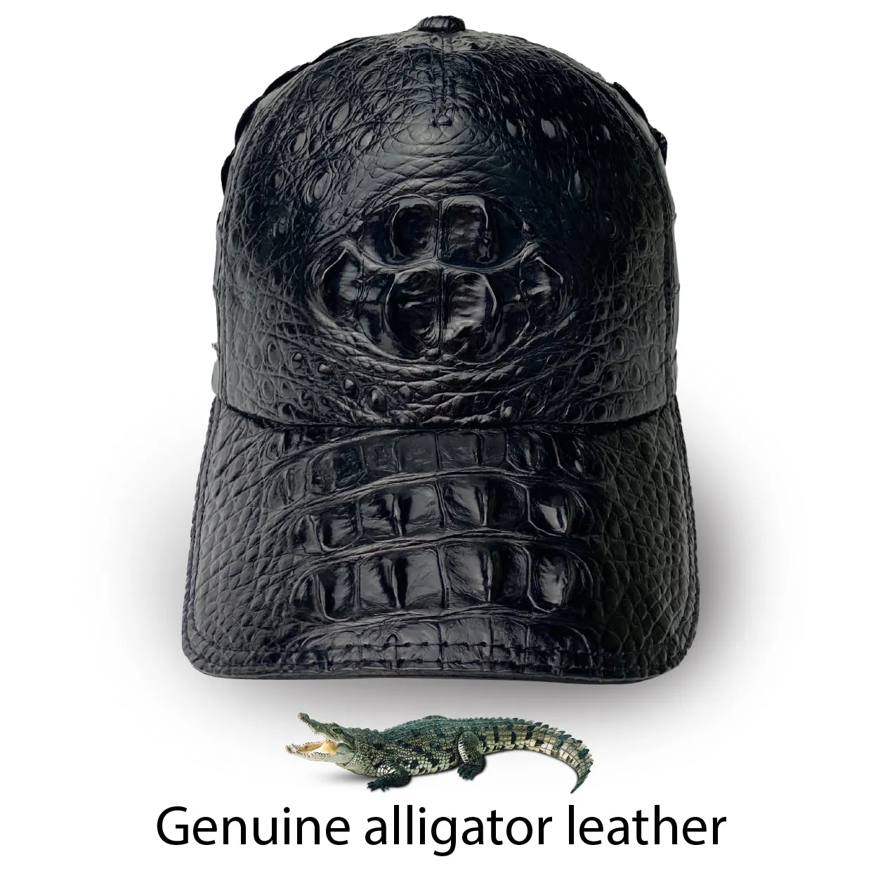 Mens Black Alligator Leather Cap - Fashionable Exotic Adjustable Outdoor Baseball Cap | HAT-BLA-11