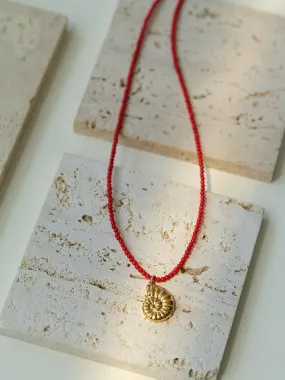 Mini Red Coral Beaded Necklace with Conch Pendant