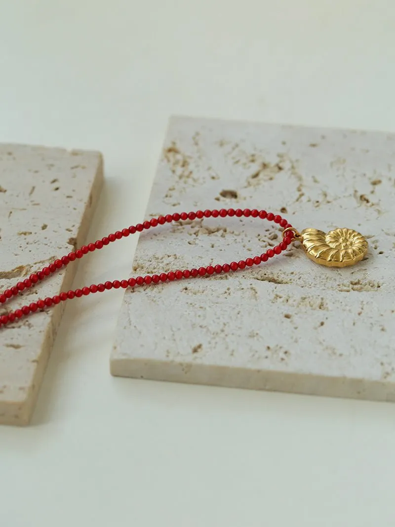 Mini Red Coral Beaded Necklace with Conch Pendant