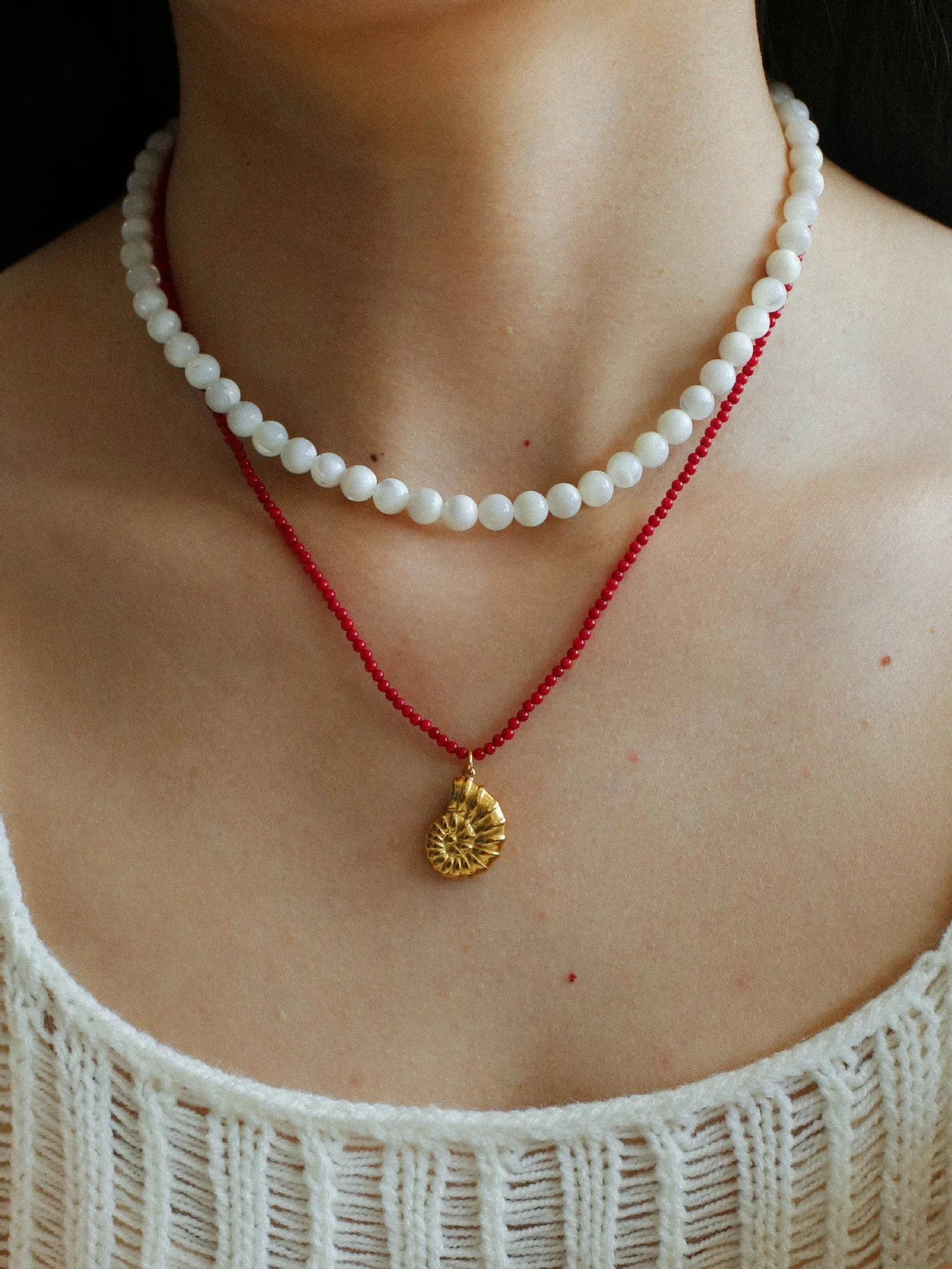 Mini Red Coral Beaded Necklace with Conch Pendant