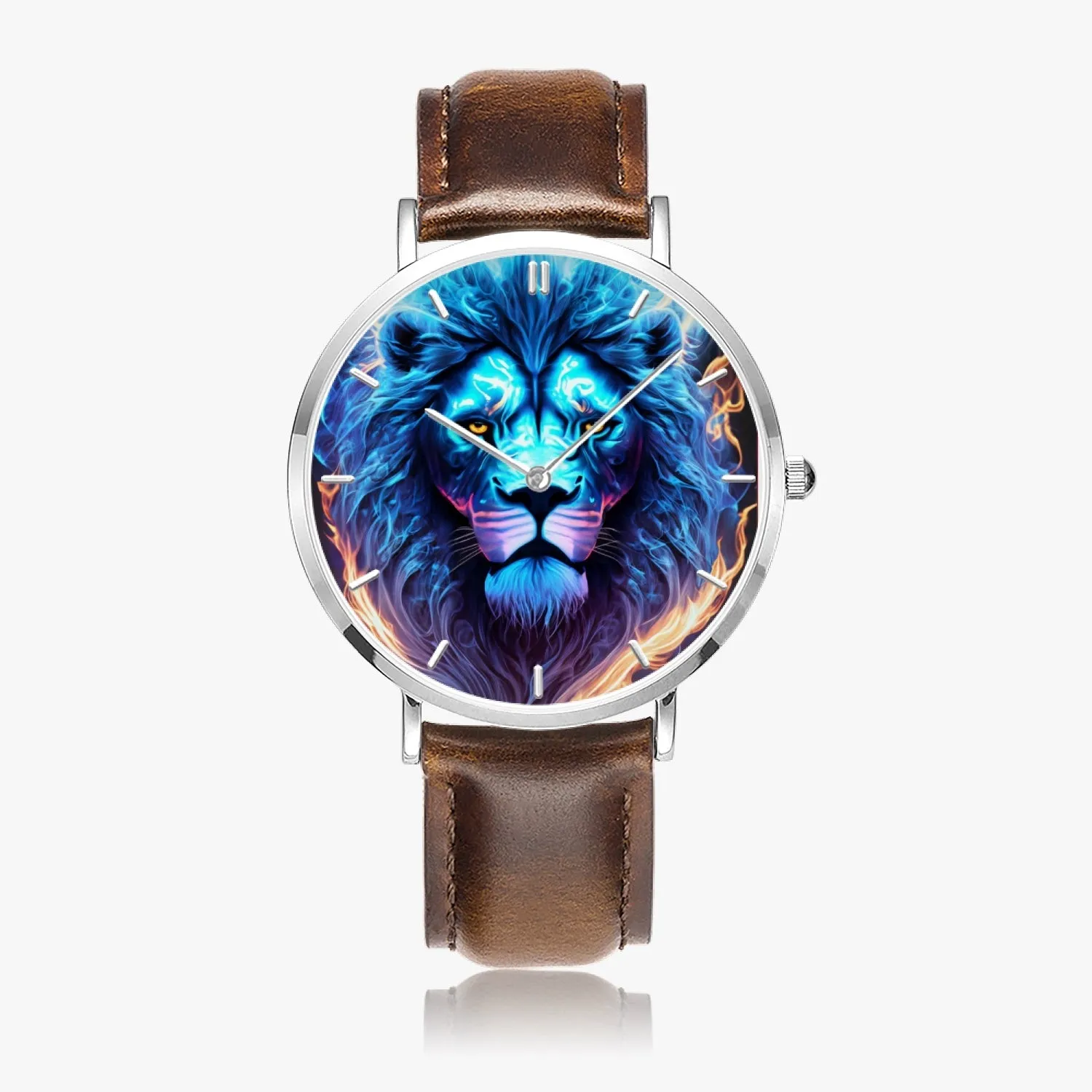 Montre à quartz avec bracelet en cuir ultra-fin (argent avec indicateurs) "Lion Bleu" (165)