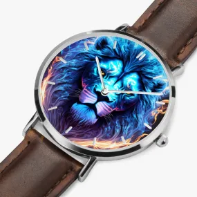 Montre à quartz avec bracelet en cuir ultra-fin (argent avec indicateurs) "Lion Bleu" (165)