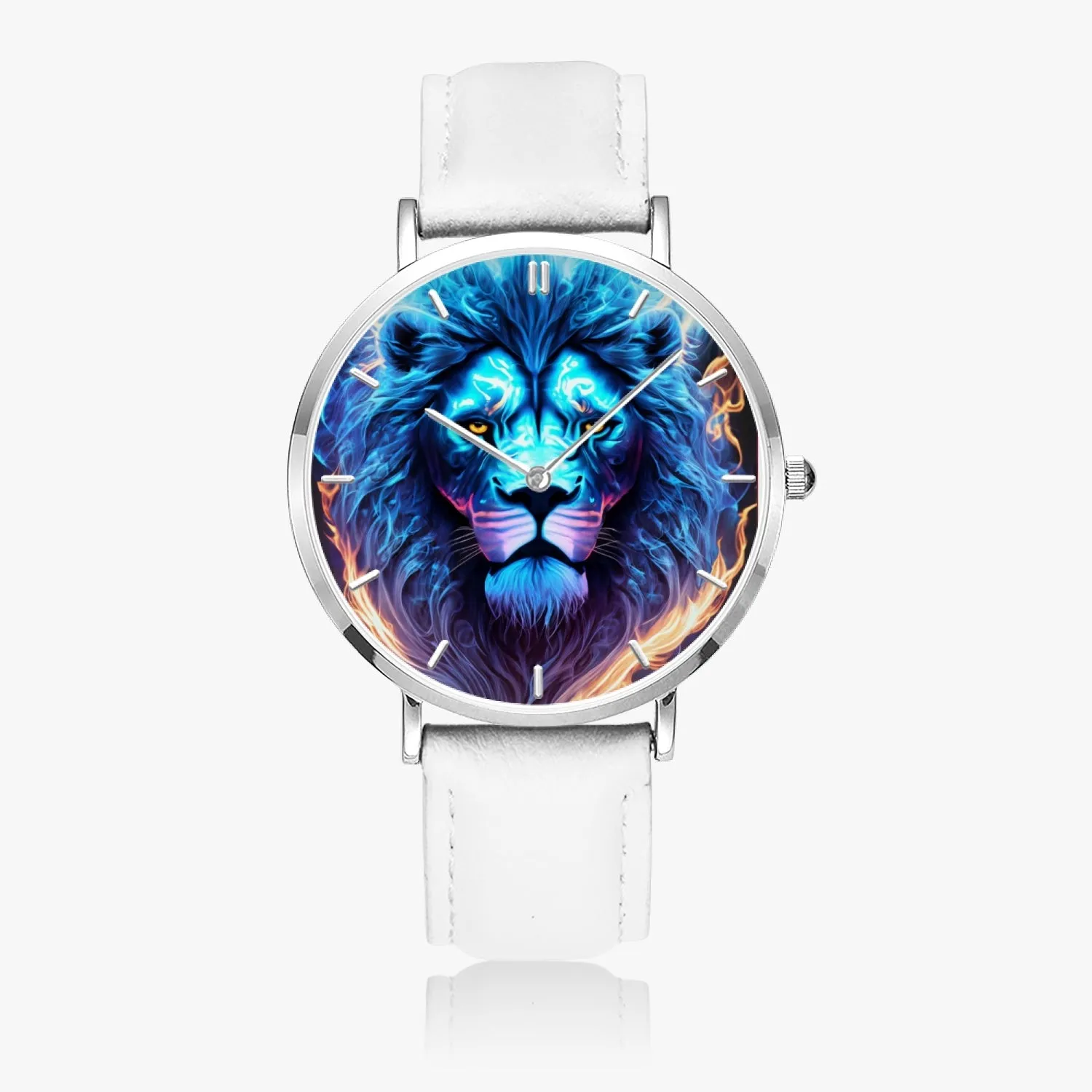 Montre à quartz avec bracelet en cuir ultra-fin (argent avec indicateurs) "Lion Bleu" (165)