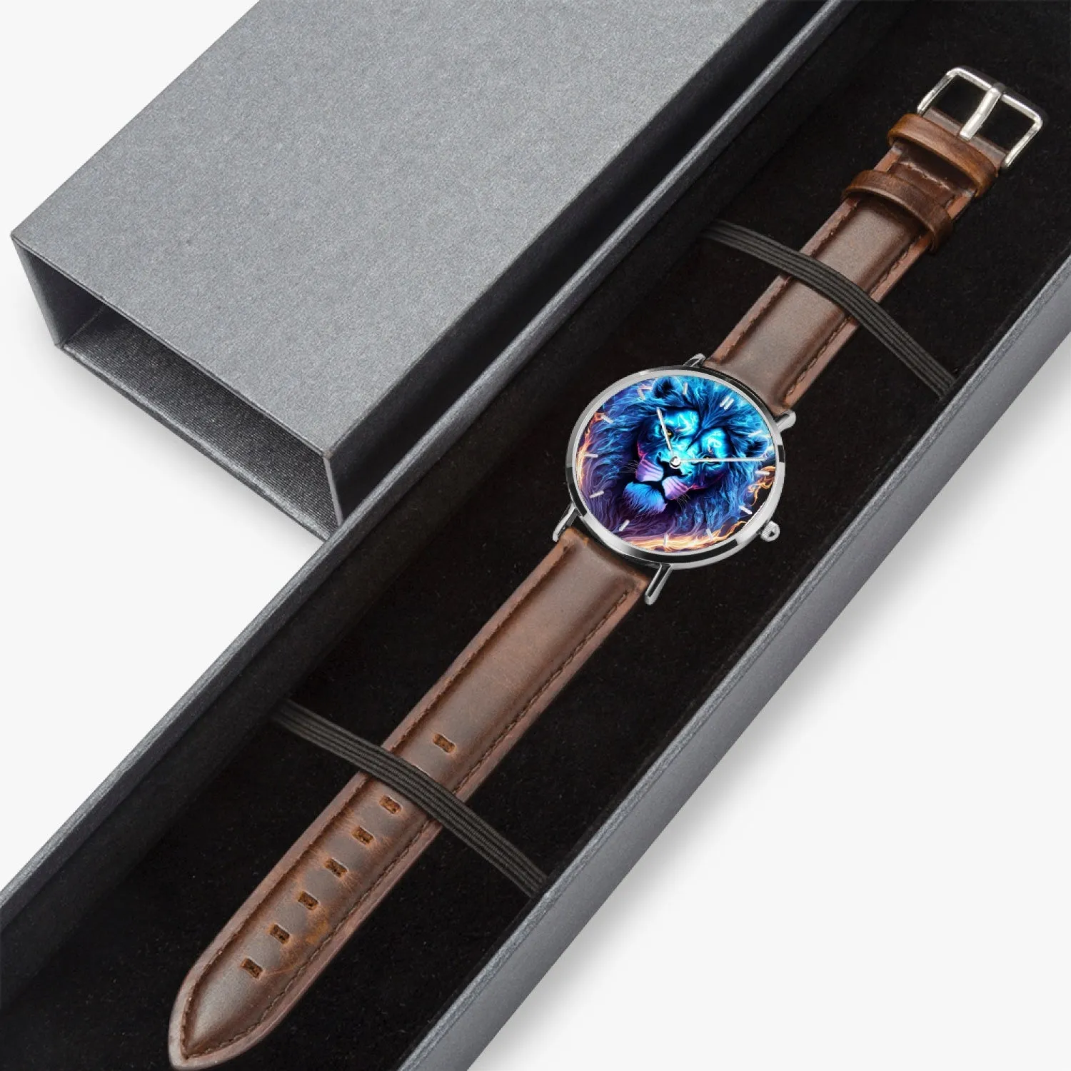 Montre à quartz avec bracelet en cuir ultra-fin (argent avec indicateurs) "Lion Bleu" (165)