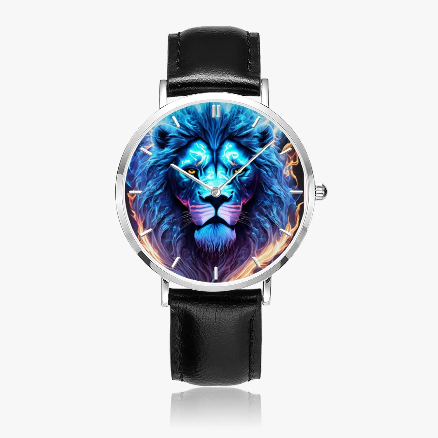 Montre à quartz avec bracelet en cuir ultra-fin (argent avec indicateurs) "Lion Bleu" (165)