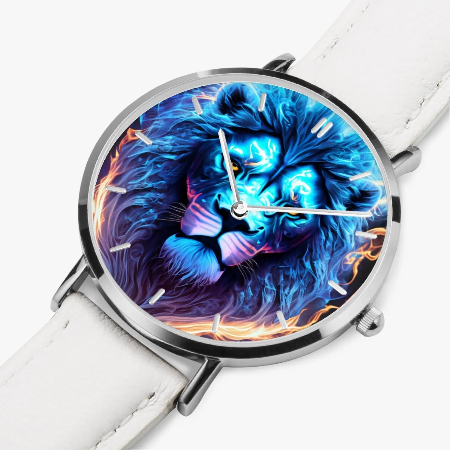 Montre à quartz avec bracelet en cuir ultra-fin (argent avec indicateurs) "Lion Bleu" (165)