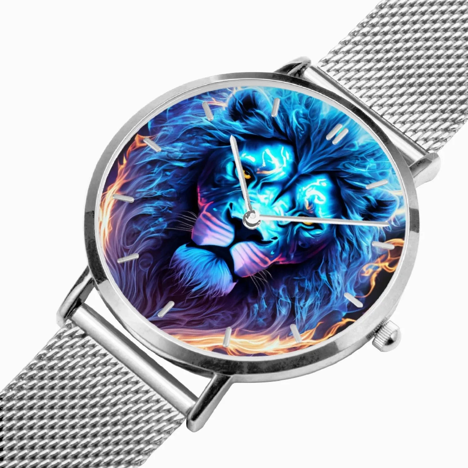 Montre à quartz avec bracelet en cuir ultra-fin (argent avec indicateurs) "Lion Bleu" (165)