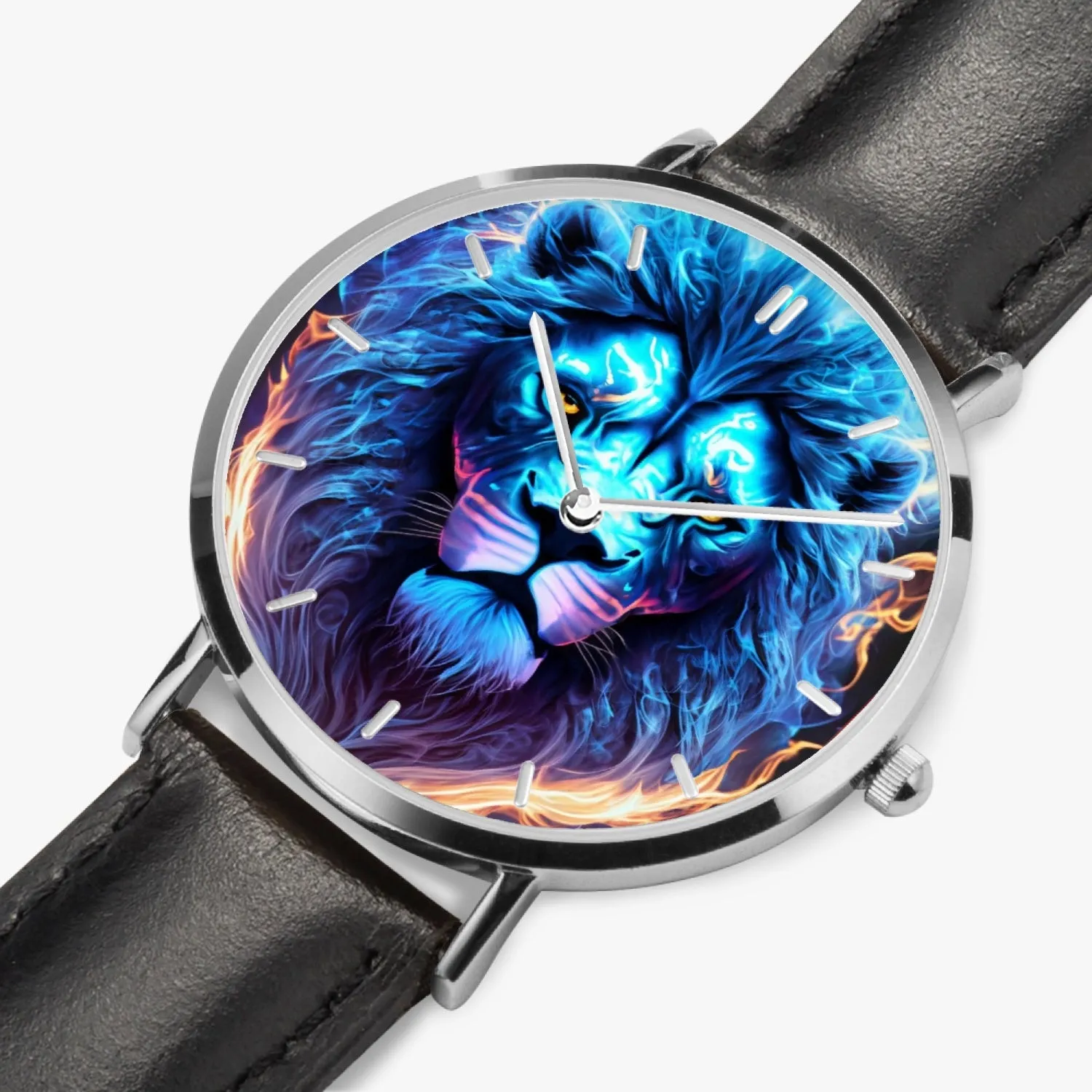 Montre à quartz avec bracelet en cuir ultra-fin (argent avec indicateurs) "Lion Bleu" (165)