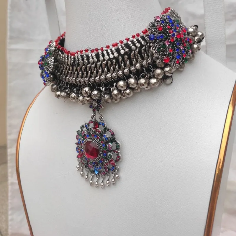 Multicolor Glass Stones Ethnic Choker Necklace With Silver Bells