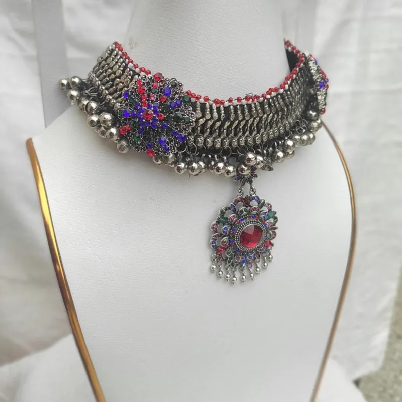 Multicolor Glass Stones Ethnic Choker Necklace With Silver Bells