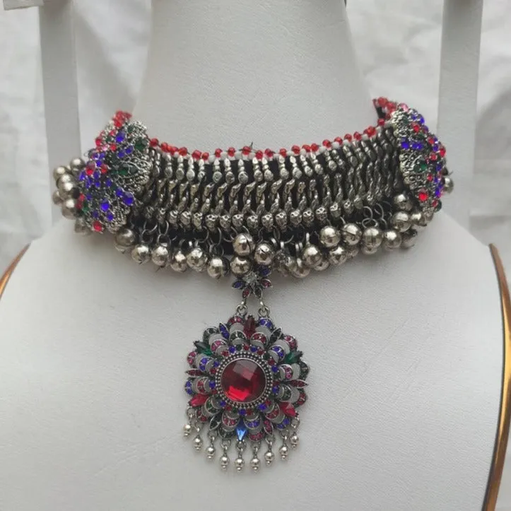 Multicolor Glass Stones Ethnic Choker Necklace With Silver Bells