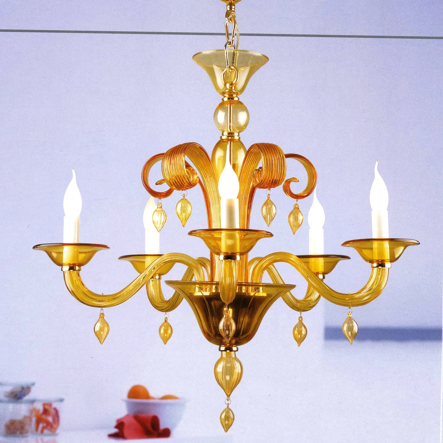 Murano Style W:30 x H:34 Amber Hand Blown Glass 6 Lights