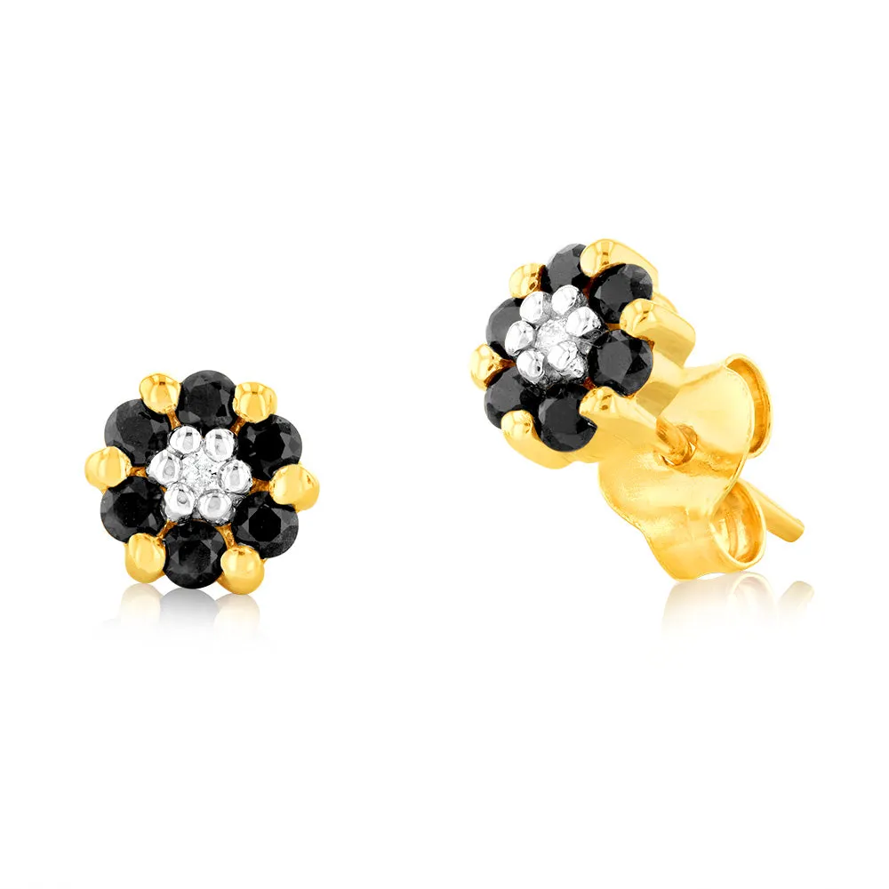 Natural Dark Round Sapphire 1.6mm & Small Diamond Flower Stud Earrings in 9ct Yellow Gold