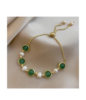 Natural Green Jade Freshwater Pearl Adjustable Bracelet