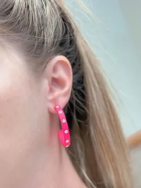 Neon Crystal-Studded Rubber Hoop Earrings - Pink