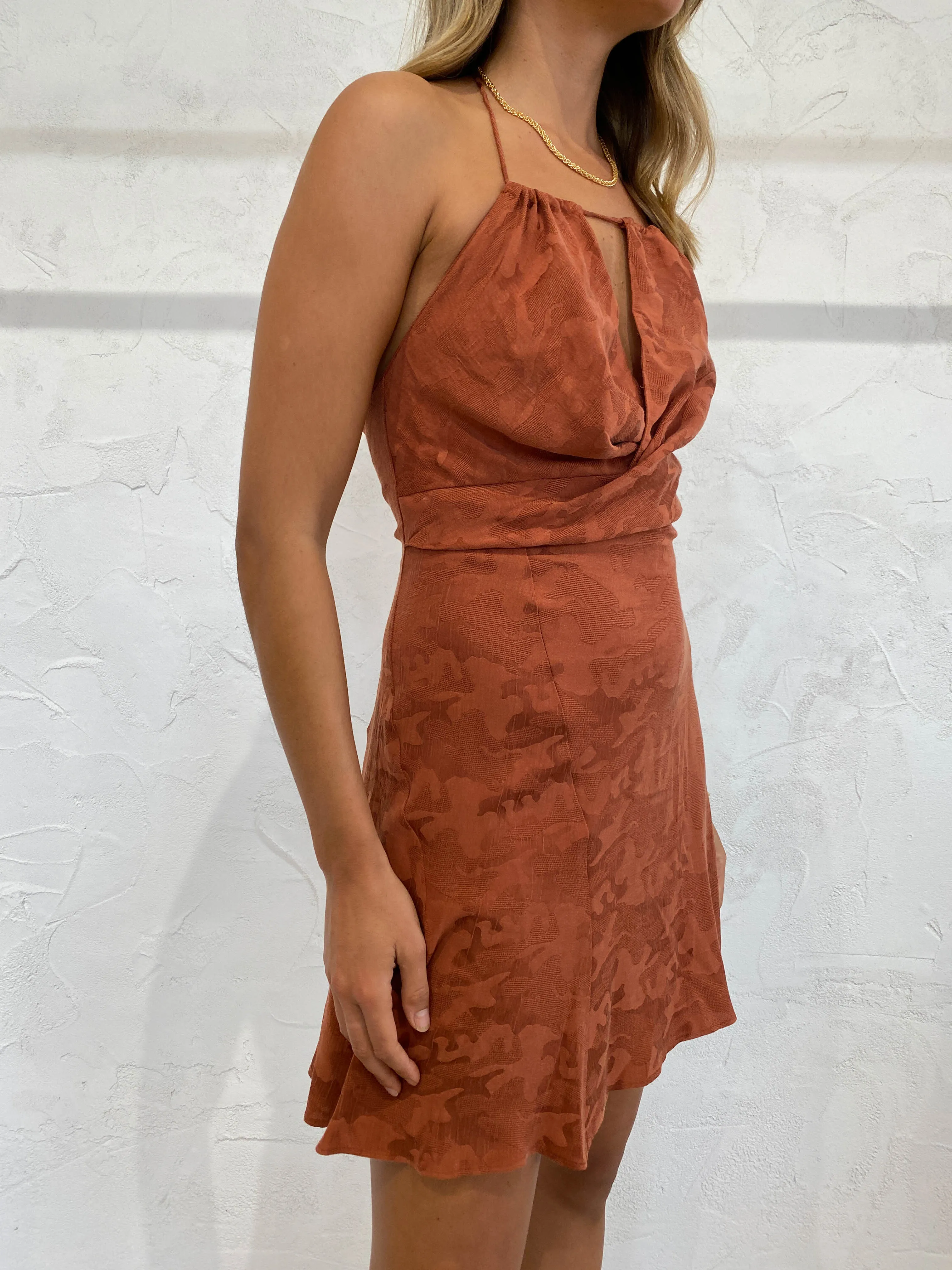 One Fell Swoop Billie Mini Dress in Rust Brocade